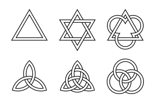 Six Trinity symbols. Ancient Christian symbols, formed by interlaced triangles, Celtic triquetras, and circles, representing the union of the persons Father, the Son Jesus Christ and the Holy Spirit.