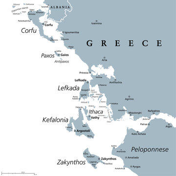 Ionian Islands Region of Greece, gray political map. Greek island group in the Ionian Sea. Corfu (Kerkyra), Paxos and Antipaxos, Lefkada, Kefalonia (Cephalonia), Ithaca (Ithaki) and Zakynthos (Zante).