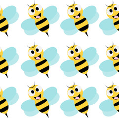 seamless pattern with bees, yellow and black bumblebee with blue wings repeat cartoon patter, replete image design for fabric printing or kids wallpaper, or child backgrounds 