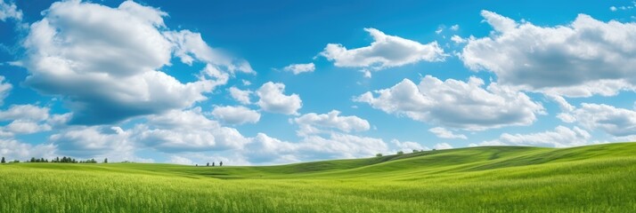 Panoramic natural landscape with green grass field and blue sky with clouds with curved horizon line. Panorama summer spring meadow.. Generative AI