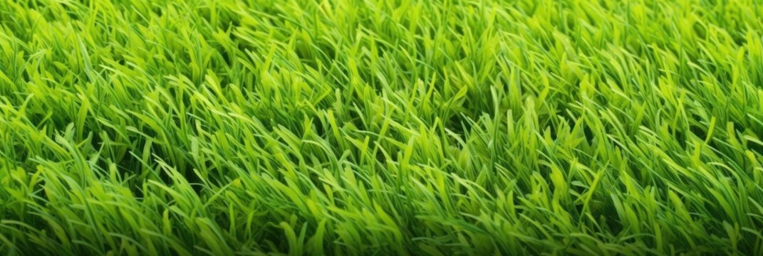 Wide format background image of green carpet of neatly trimmed grass. Beautiful grass texture on bright green mowed lawn, field, grassplot in nature. Generative AI