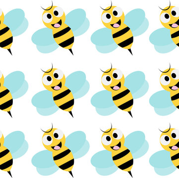 seamless pattern with bees, yellow and black bumblebee with blue wings repeat cartoon patter, replete image design for fabric printing or kids wallpaper, or child backgrounds 