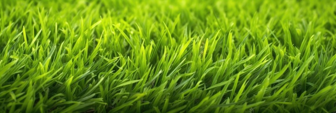 Wide format background image of green carpet of neatly trimmed grass. Beautiful grass texture on bright green mowed lawn, field, grassplot in nature. Generative AI