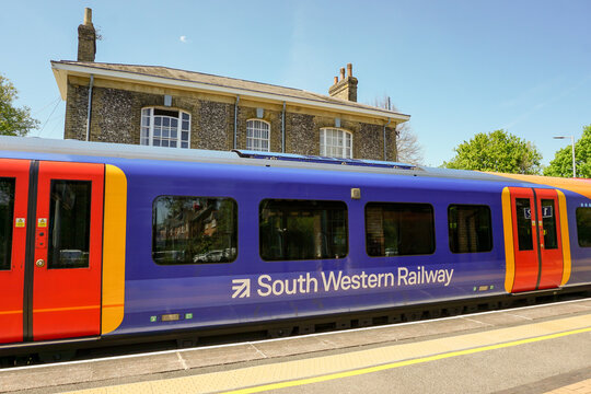 Micheldever England  26 April 2022 - South Western Railway commuter train at station platform
