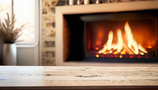 Table top with blurred fireplace, cosy home interior background wallpaper