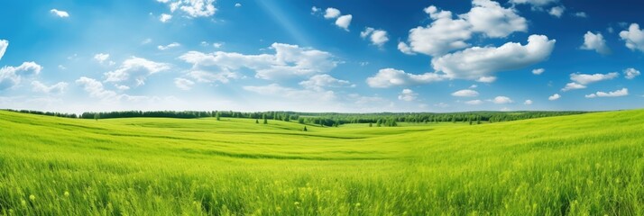 Obraz na płótnie Canvas Panoramic natural landscape with green grass field and blue sky with clouds with curved horizon line. Panorama summer spring meadow.. Generative AI