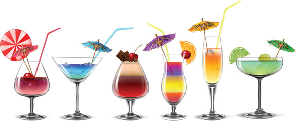 A set of multi-colored refreshing cocktails in transparent glasses of various shapes. Highly detailed illustration.