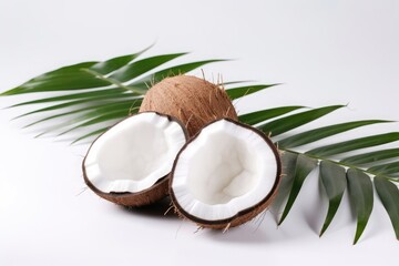 Fototapeta na wymiar Coconuts with palm leaves on a white background. Generative AI