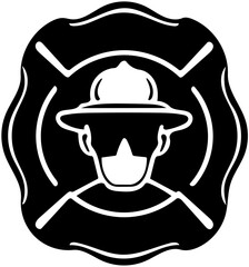 Firefighter logo design in black, vector illustration of a fire brigade personnel 