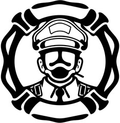 Firefighter logo design in black, vector illustration of a fire brigade personnel 