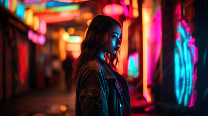 Gorgeous Woman Amidst Neon Tokyo Night, Generative AI