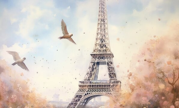 Watercolor Eiffel Tower and flying pair of pigeons in the park. Illustration for postcard, wedding invitation, t-shirt print. Generative ai