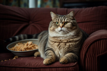 Dicke Katze liegt mit Snacks auf Sofa schaut TV - AI generiert