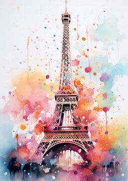 Watercolor Eiffel Tower in vertical orientation paint splatter. Colorful illustration for a postcard, t-shirt print. Generative ai