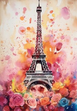 Watercolor Eiffel Tower with roses and paint splatter vertical orientation. Generative ai