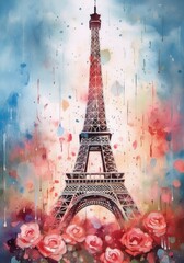 Fototapeta na wymiar Watercolor Eiffel Tower with roses and paint splatter vertical orientation. Generative ai
