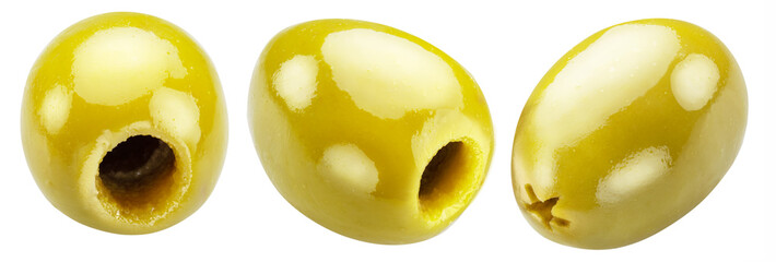 Three pitted green olives white background. File contains clipping path.