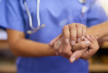 Nurse, patient and holding hands for support, healthcare service and helping, muscle exam or...
