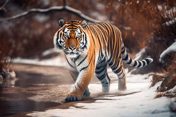 Fototapeta na wymiar Bengal tiger crossing a river on a snowy day