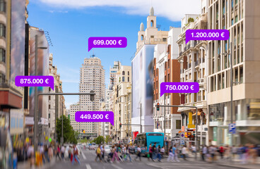Concept of buying and selling real estate. Indicative prices of different real estate properties...