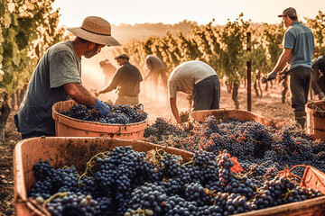 Group of people at the grape harvest on a sunny day