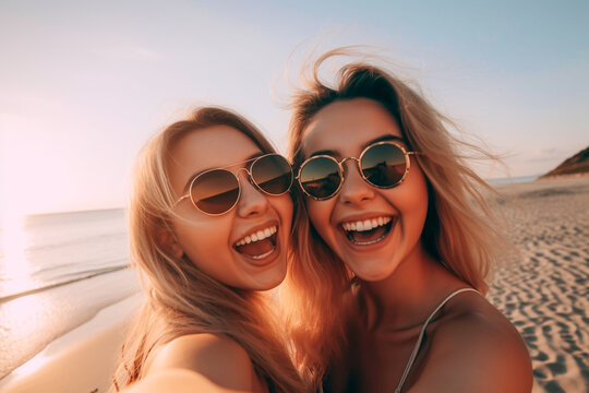 Two funny girls taking a selfie on the beach in summer