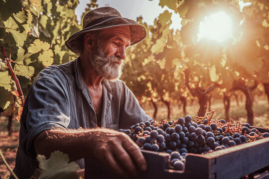 Seasonal worker picking grapes at the grape harvest