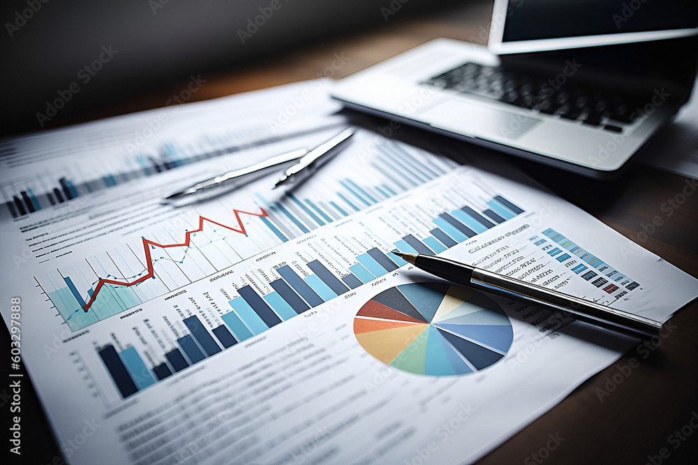 Aufkleber calculator on business report papers with charts and data. business concept. generative ai