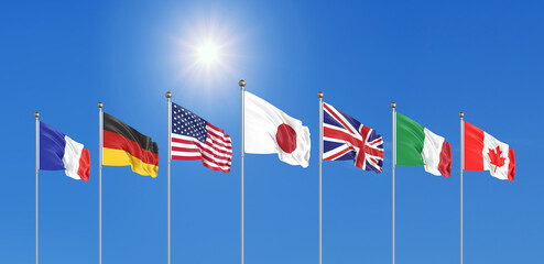 Big Seven. Flags of countries of Group of Seven Japan, Canada, Germany, Italy, France, USA , UK. The 49 th G7 Hiroshima summit on 19–21 May 2023 in the Japan. Sky background. 3D illustration.