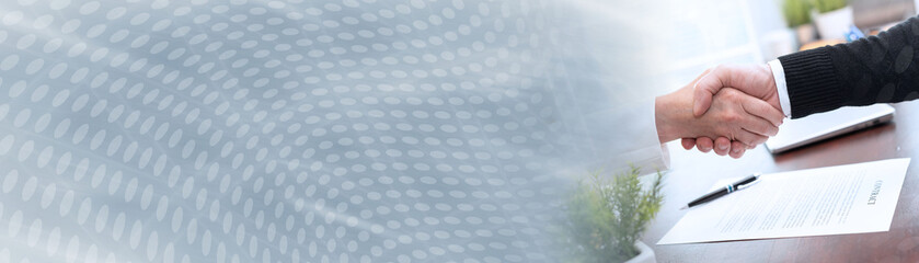 Hanshake of business people (lorem ipsum text used); panoramic banner
