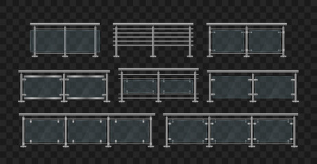 Glass balustrade with iron banister front and angle view. Architectural guardrail for balcony or office terrace vector illustration. Realistic glass and metal balcony railings, wire fence.