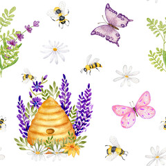 Butterfly and bees. Watercolor seamless pattern with butterflies, bees and wildflowers. Lavender and Chamomile with beehive.