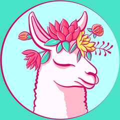 Cute llama with flowers and leaves around her head. Pink alpaca with roses, plants and herbal elements. © Dana