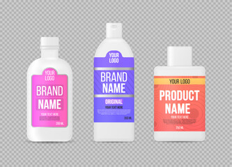 Sport nutrition labels. Realistic whey protein. Label plastic bottles, package template design. 