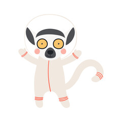 Cute funny lemur astronaut in space suit cartoon character illustration. Hand drawn animal, Scandinavian style flat design, isolated vector. Kids print element, space adventure, travel, science