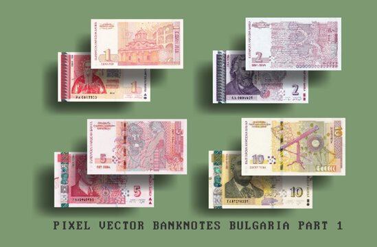 Vector pixel mosaic set of Bulgaria banknotes. Bills in denominations of 1, 2, 5 and 10 lev. Part one.