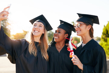 Women, friends and graduation selfie for college or university students together with a smile....