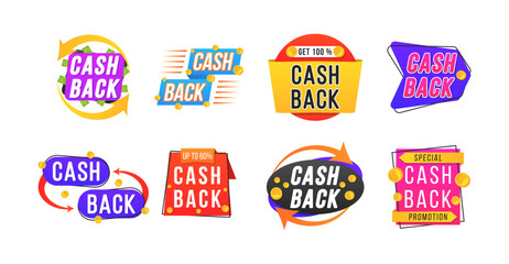 Cashback icons set. Emblem label sticker. Cash back money refound, concept badge on white background. Cashback or money back label for banners and websites. Graphic design element. Vector illustration