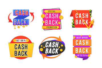 Colorful collection of cashback banners. Cash back money refound. Vector cashback icon with gold coins and wallet isolated on white background.
