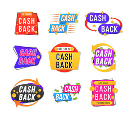 Obraz premium Cash back logo design. Emblem label sticker. Financial services, cash back concept, money refund, investment, currency exchange. Vector illustration.