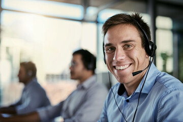 Customer service, smile and mockup, portrait of happy man in coworking space consulting with advice...