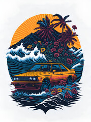 *0s car on the Palm Beach. AI generated illustration
