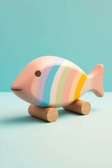 A fun cartoon character children's toy in a brightly colored studio, surrounded by vivid indoor backdrops. Pastel pink, blue, orange, yellow, turquoise. Generated AI.