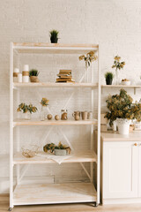 Kitchen white wooden kitchen with white Scandinavian-style shelving