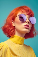 Beautiful girl woman redhead in stylish clothing, sunglasses and glasses poses for a headshot portrait against a vibrant colored background. Pastel retro vibe. Generated AI.