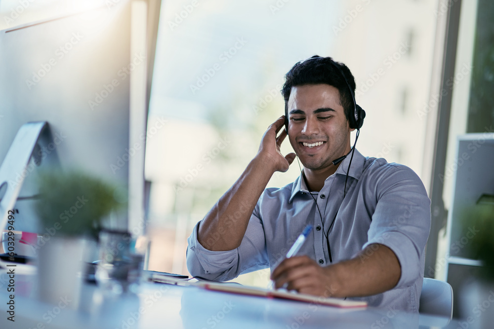 Poster customer support agent, smile and notes, man consulting with advice, sales information and help desk