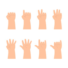 Hands of kids counting number zero to five and posing hand signal with palms facing up set in flat design vector