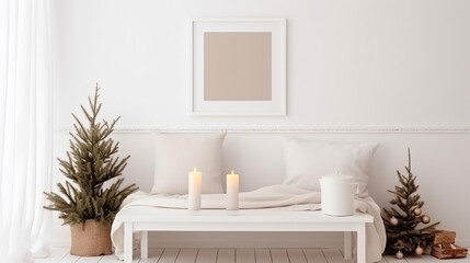 White blank wooden frame mockup with Christmas tree, candles, linen cushions and plaid on the white bench. Poster product design. Scandinavian home decor, nordic design