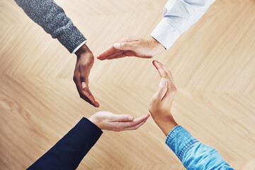 Teamwork, recycling or hands of business people in circle for motivation, support or sustainability in office. Diversity, recycle or above of employees for goals, community help or partnership group