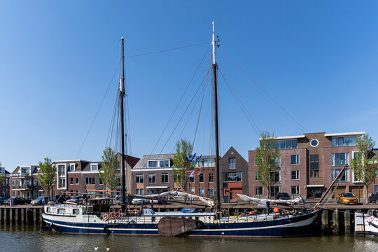 HARLINGEN, NETHERLANDS - MAY 13, 2023: two-mast clipper Mermaid in the port of Harlingen